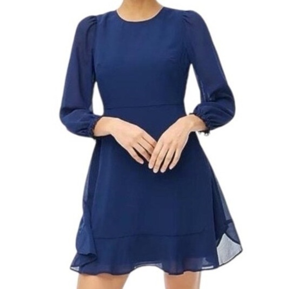 NWT J. Crew Mini Dress With Flounce Hem Navy Blue Long Sleeve Ruffle Hem Size 14